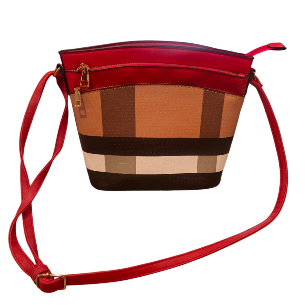 Crossbody Bag with Bold Design Vinyl Brown Black White Grey Red Great Condition